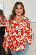 Women's Red Plus-Size Floral-Print Button-Up Shirt