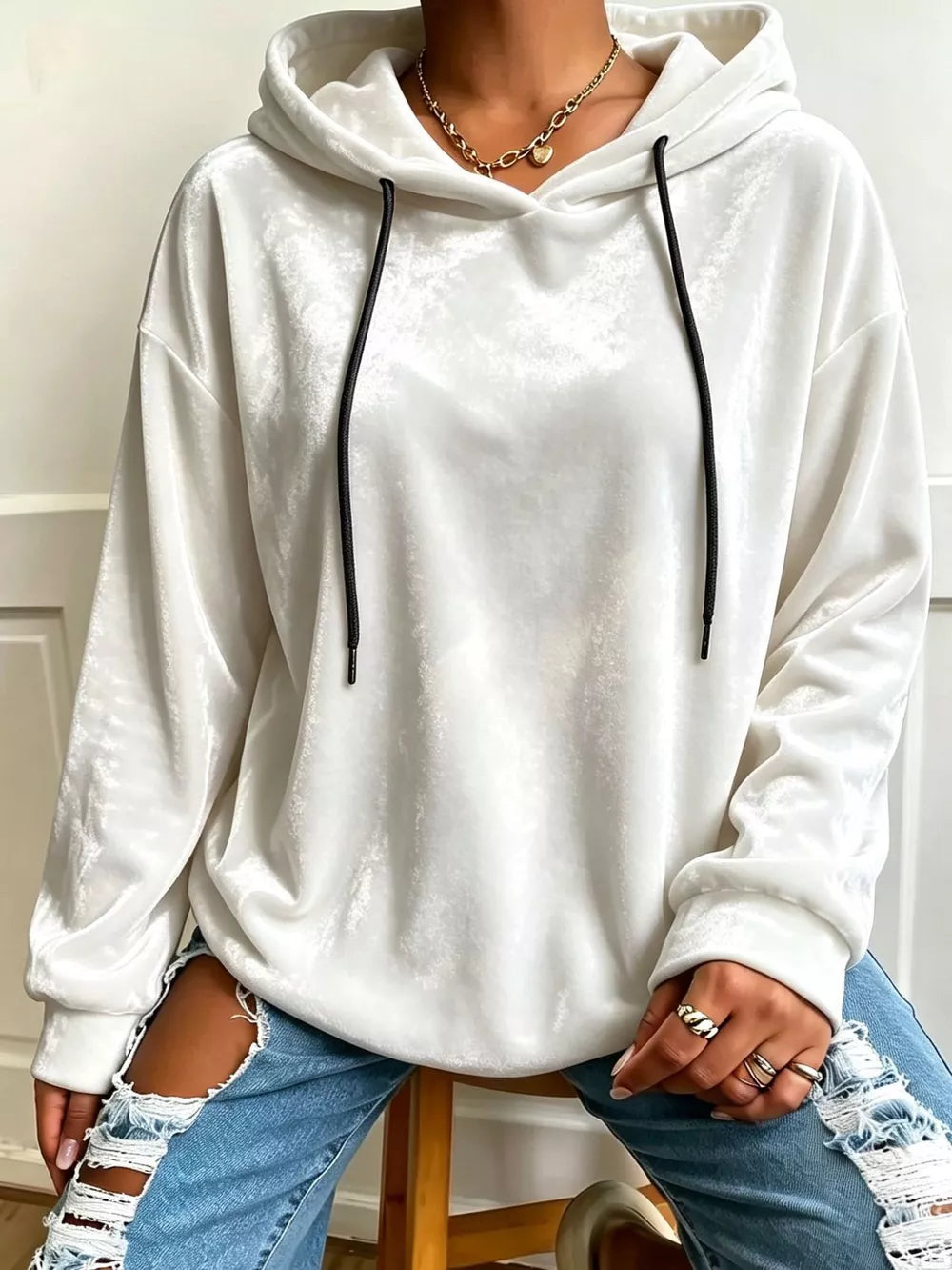 Women's Plus Size Velvet Drawstring Dropped Shoulder Hoodie