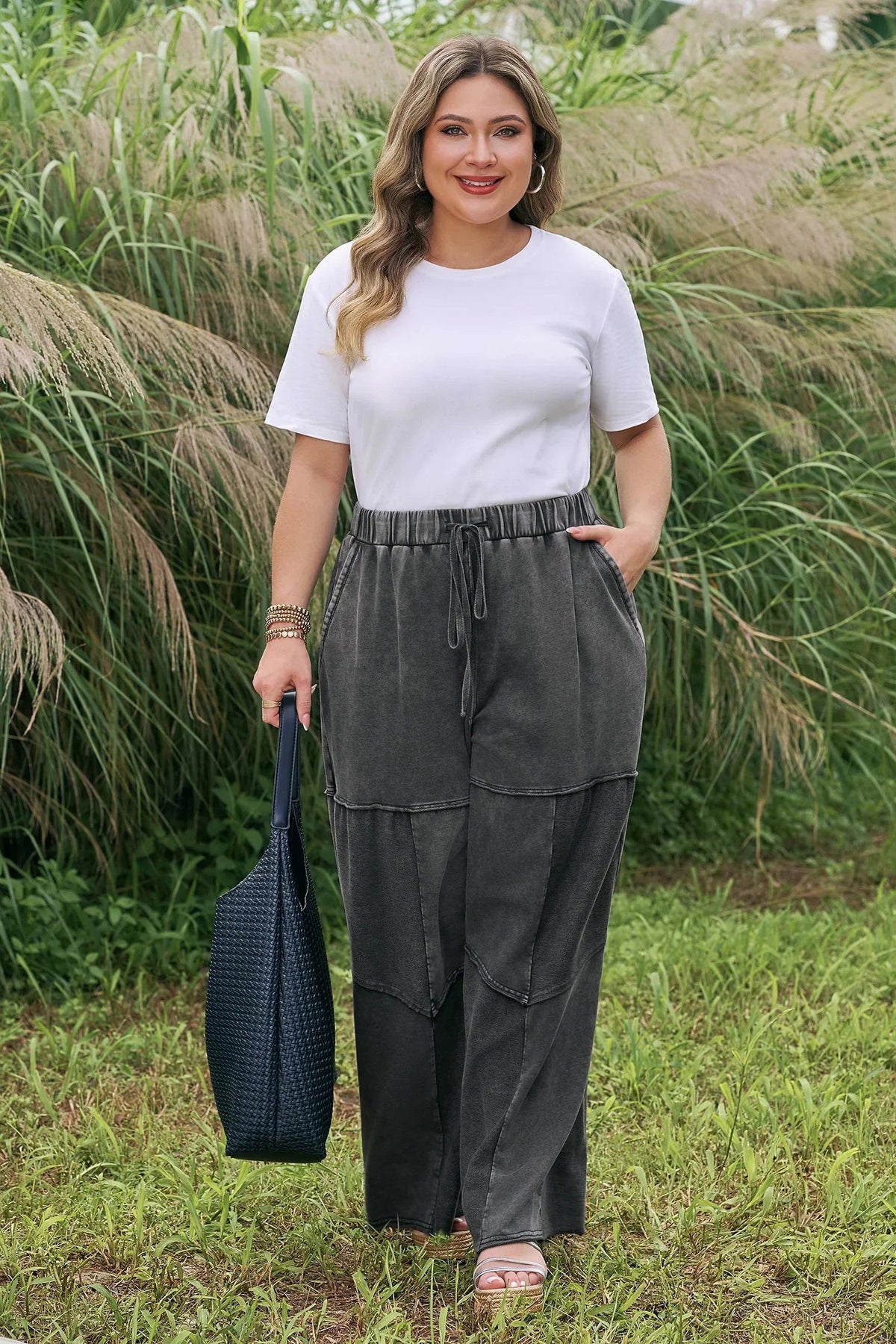 Women's Black Plus-Size Mineral-Wash Drawstring Loose Pants