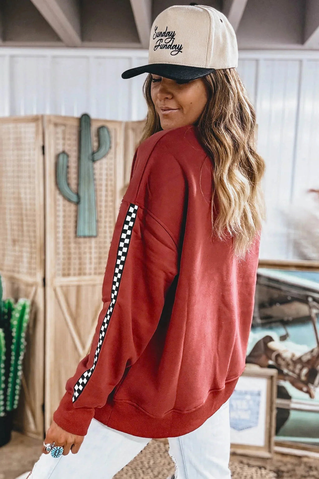 Women's Mineral Red Checkered-Trim Crew-Neck Long-Sleeve Sweatshirt