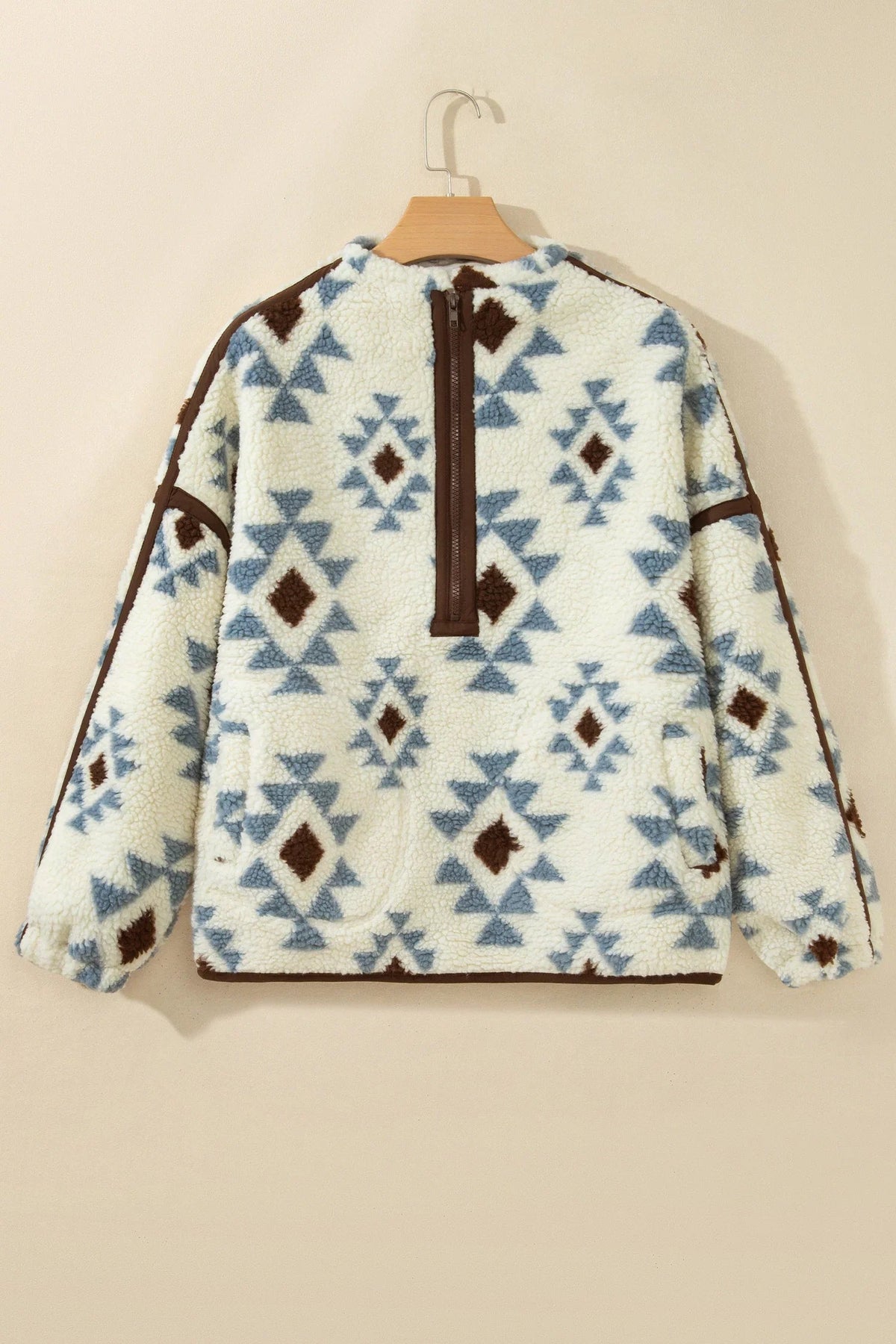 Women's Beige Geometric-Print Sherpa Long-Sleeve Sweatshirt
