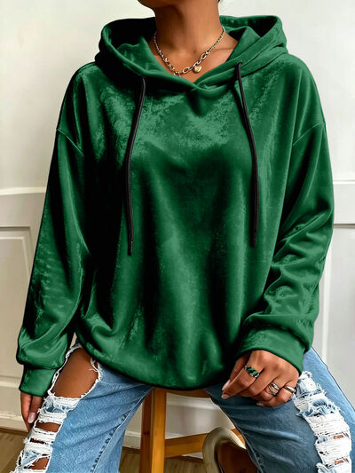Women's Plus Size Velvet Drawstring Dropped Shoulder Hoodie