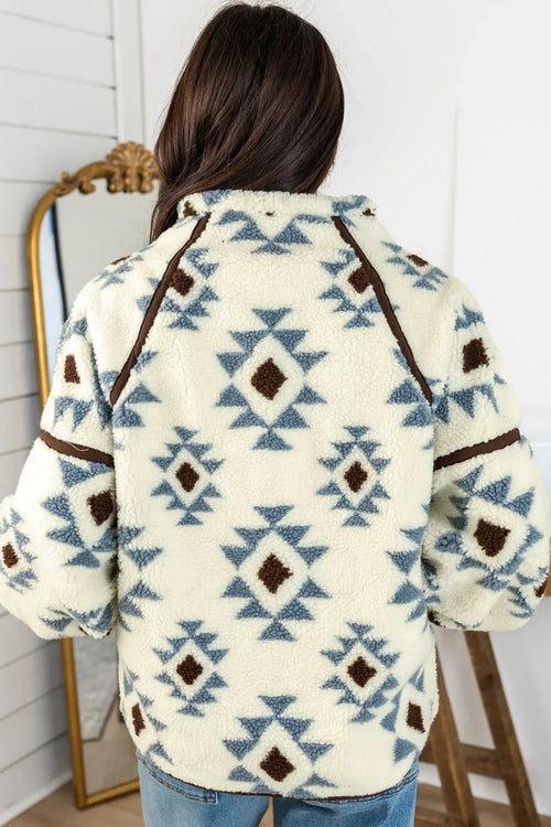 Women's Beige Geometric-Print Sherpa Long-Sleeve Sweatshirt