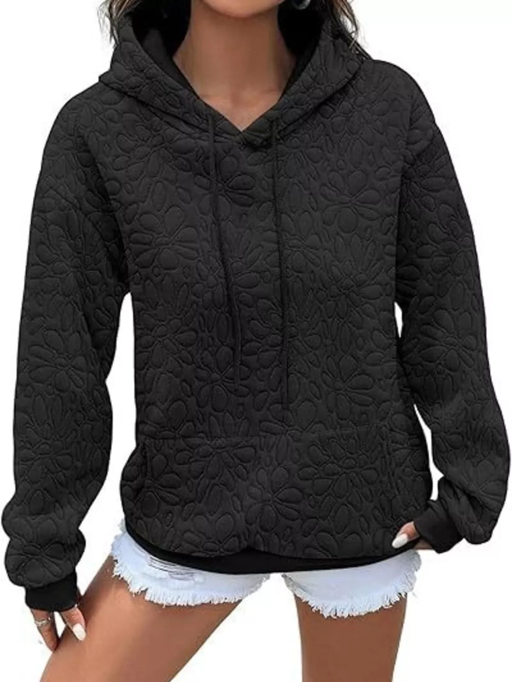 Women's Textured Floral Embossed Drawstring Hoodie