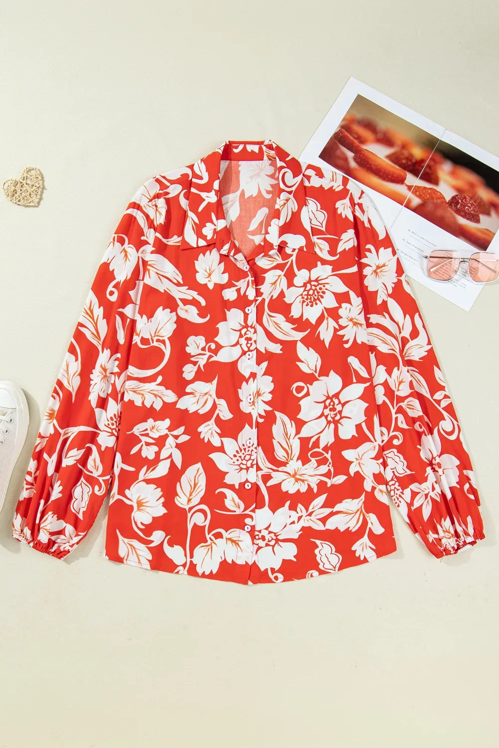 Women's Red Plus-Size Floral-Print Button-Up Shirt