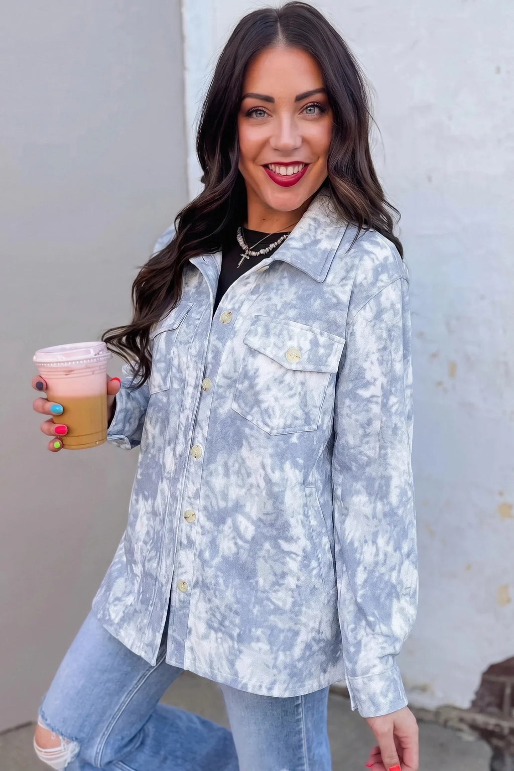 Women's Gray Abstract-Print Fuzzy-Collar Long-Sleeve Tunic Jacket