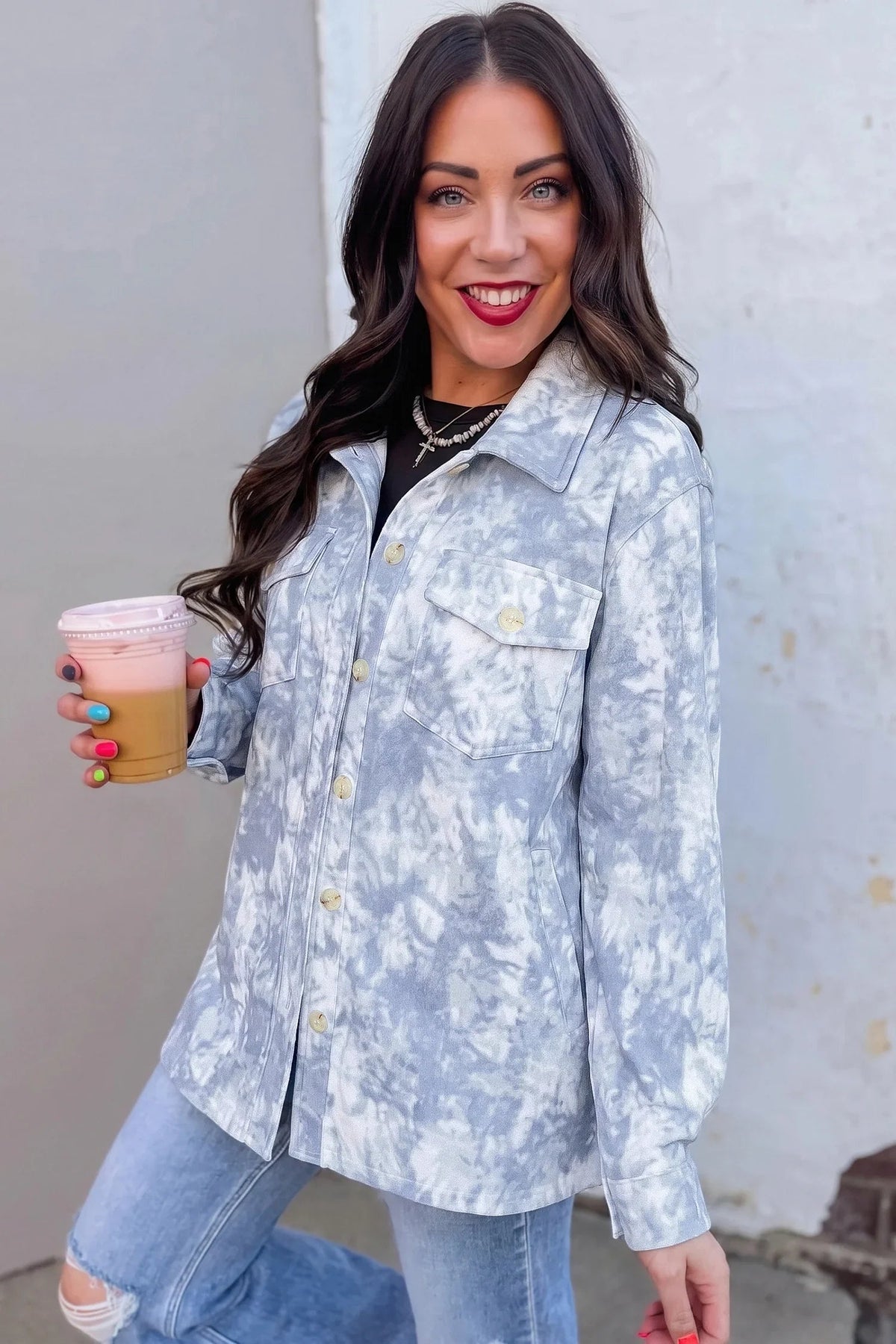 Women's Gray Abstract-Print Fuzzy-Collar Long-Sleeve Tunic Jacket